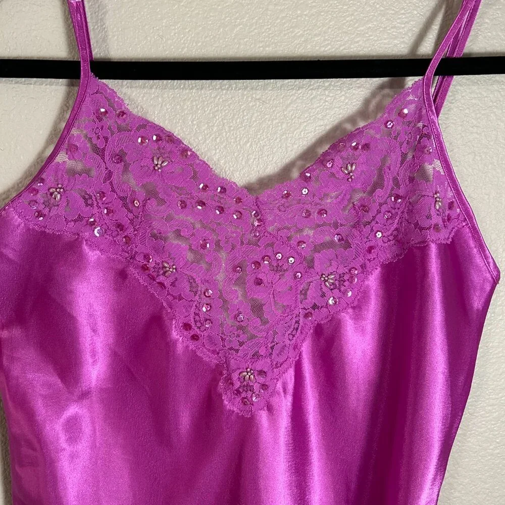 Y2K Delicates Womens Magenta Satin Lace Sequin Beaded Chemise Nightgown Size M
